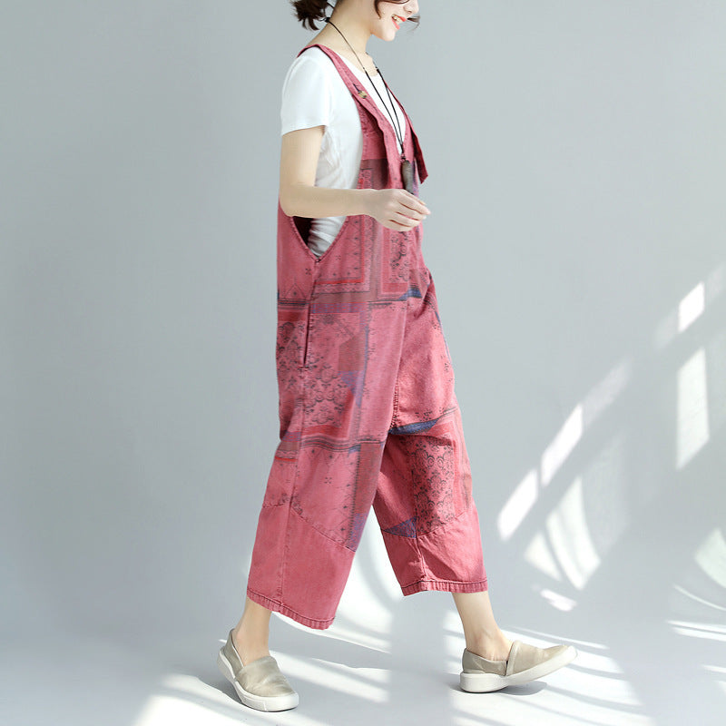Printed Worn Looking Washed-out Big Crotch Ninth Plus Size Stitching Denim Suspender Pants BAZONA