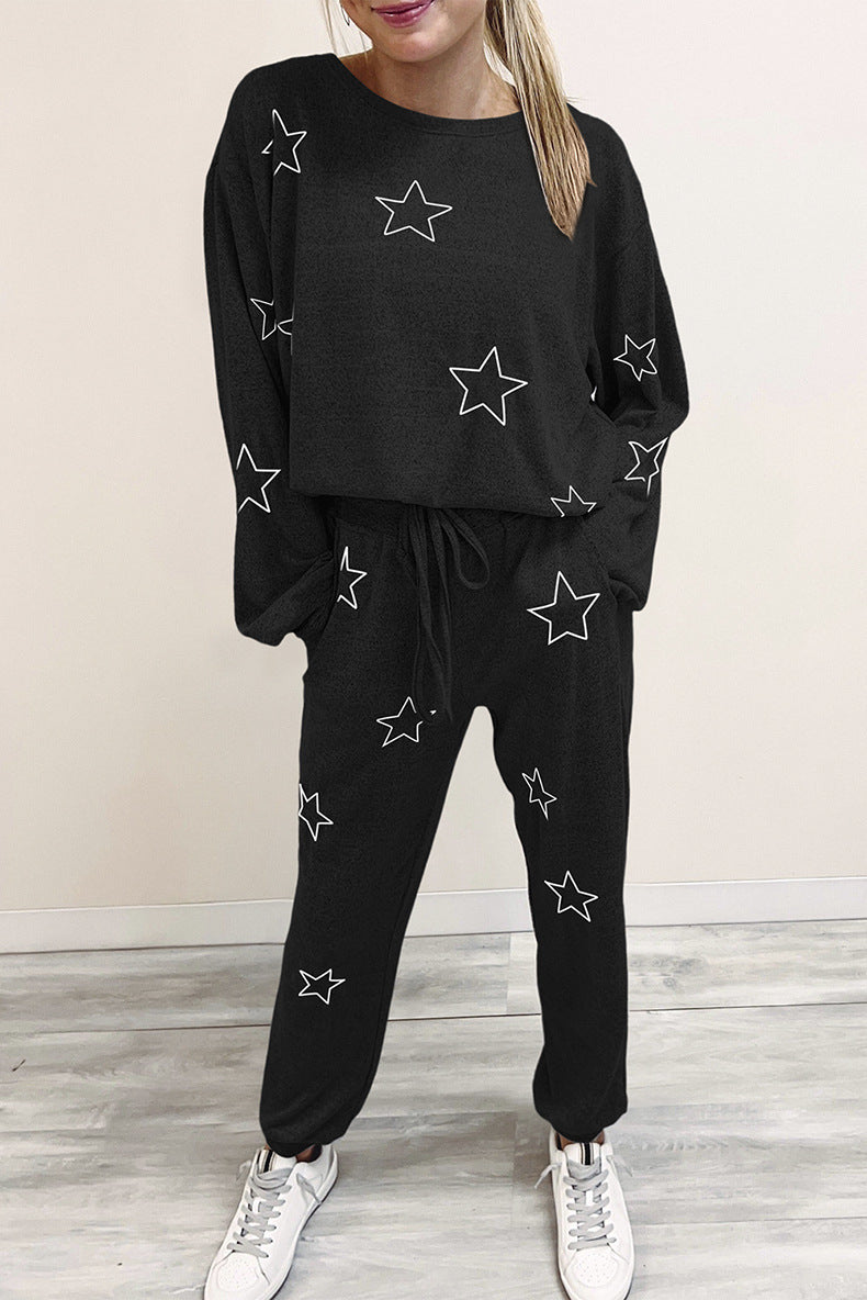 Round Neck Geometric Printed Homewear Two-piece Set BAZONA