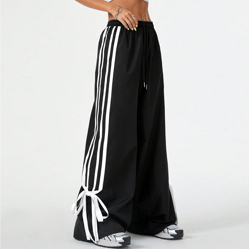 High Waist Wide Leg Pants Women's Spring Summer New Style Three Bars Drawstring Cuffed Straight Casual Extended Sports Trousers BAZONA