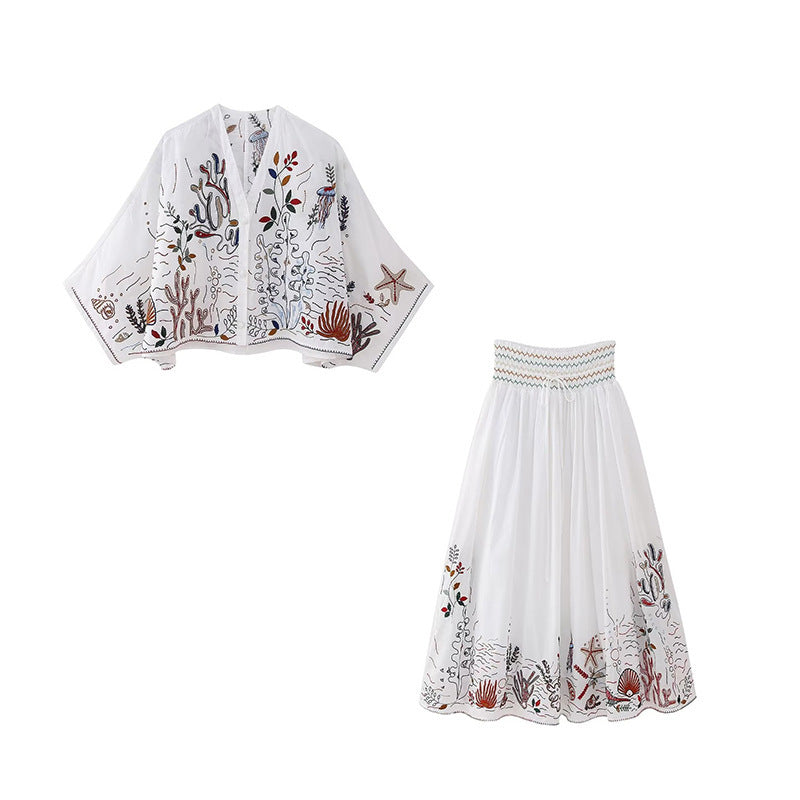 V-neck Embroidery Breasted Shirt High Waist Embroidery Skirt Suit BAZONA