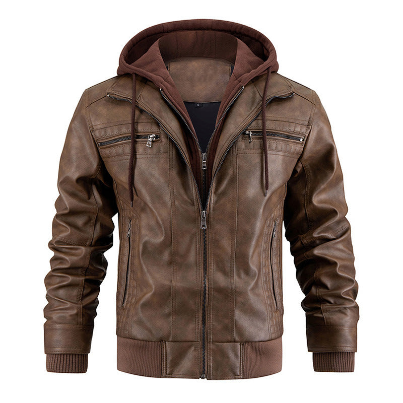 Hooded Jacket With Zipper Pockets Fashion Warm Pu Leather Coat Mens Clothing BAZONA