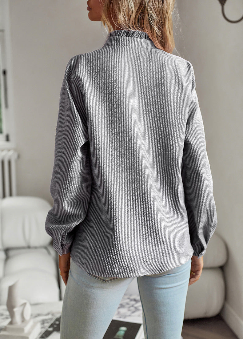 Striped Long Sleeve Shirt Fashion Ruffle Design Button Up Tops Casual Office Blouse Elegant Commuting Women's Clothing BAZONA