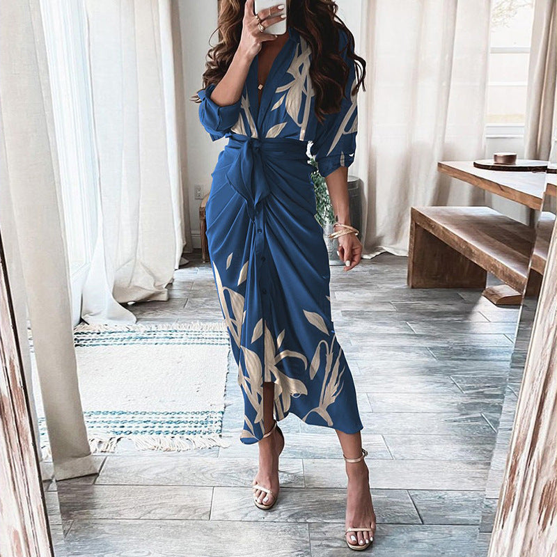 European And American Print Long-Sleeved Lace-Up Single-Breasted Shirt Dress BAZONA