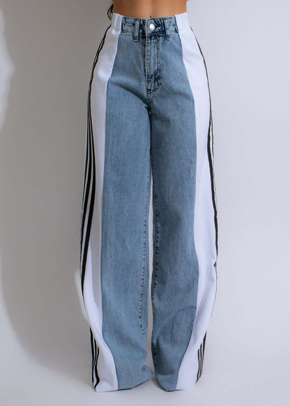 2024 Fashion Casual High Waist Elastic Straight Leg Trousers Three Stripe Patchwork Denim Wide Leg Pants Streetwear BAZONA