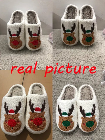 Christmas Shoes Winter Home Slippers Elk Soft Cozy Bedroom Slipper Slip On House Shoes - bazona.com