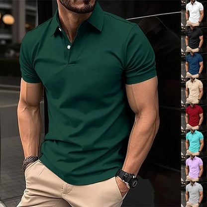 Summer Short Sleeve Polo Shirt Men Solid Color Button Lapel Button Top - bazona.com