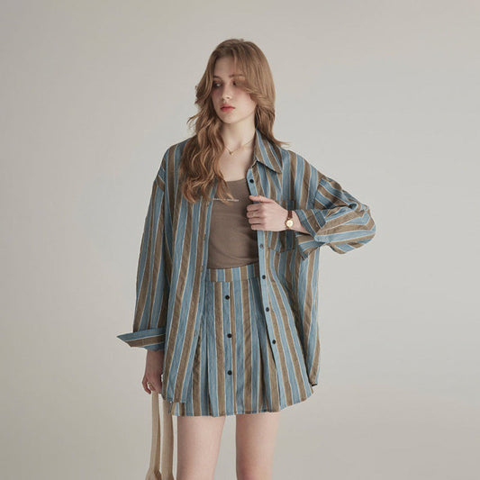 Summer High-grade Sun-proof Set Women's Loose Design Light Striped Shirt Top Temperament Waist-controlled Short Skirt BAZONA
