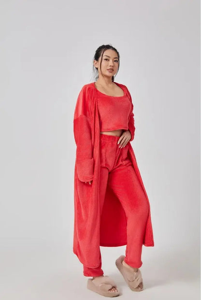 Cozy Pajama Set, 3 Piece Lounge Set, Cute Loungewear, Warm Suit Sets, Matching Set, Lounge Set, 3 Piece Pant Sets, Women Winter Dress - bazona.com