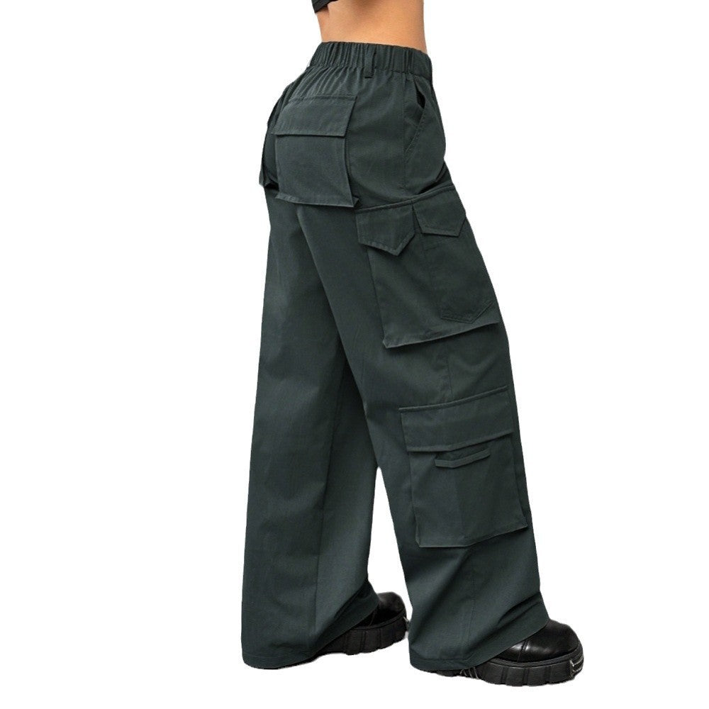 Casual Pants Elastic Waist High Waist Wide-leg Workwear Trousers BAZONA