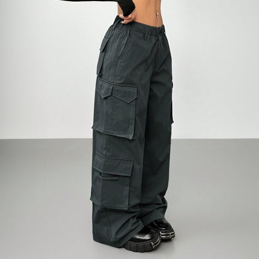 Casual Pants Elastic Waist High Waist Wide-leg Workwear Trousers BAZONA