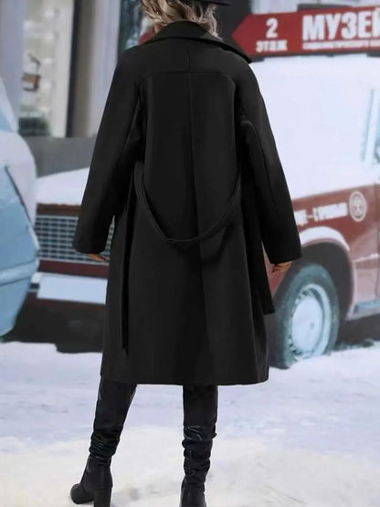 Lapel Double-breasted Trench Coat With Belt Winter Fashion Solid Color Long Jacket Outwear Women Clothing - bazona.com