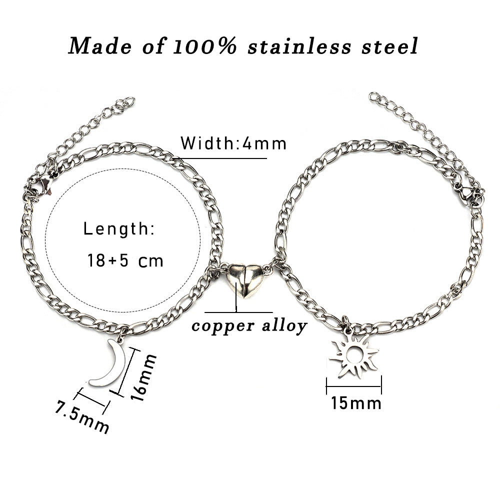 2Pcs Sun Moon Charm Magnet Attraction Stainless Steel Bracelets For Couples Men Women Jewelry Wholesale Valentine's Day Gifts - bazona.com