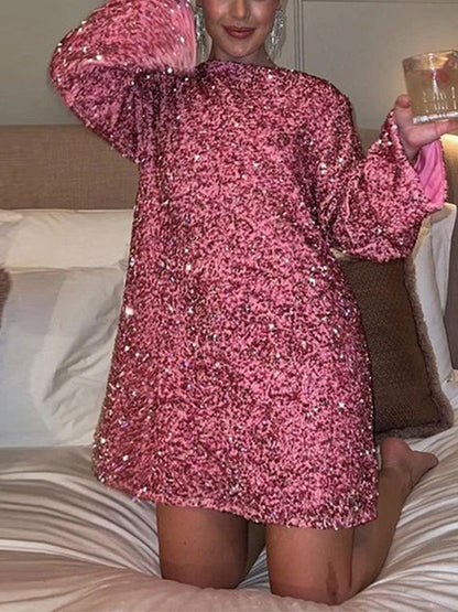 Sequined Back-Bowed Dress Fashion Round Neck Long Sleeve Dresses For Party Daily Shopping Women BAZONA