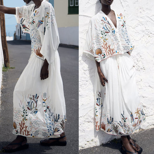 V-neck Embroidery Breasted Shirt High Waist Embroidery Skirt Suit BAZONA