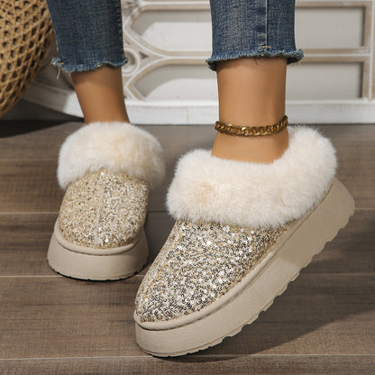 Fashion Sequined Thick-soled Plush Shoes Winter Indoor And Outdoor Casual Warm Slippers Women Garden House Shoes BAZONA