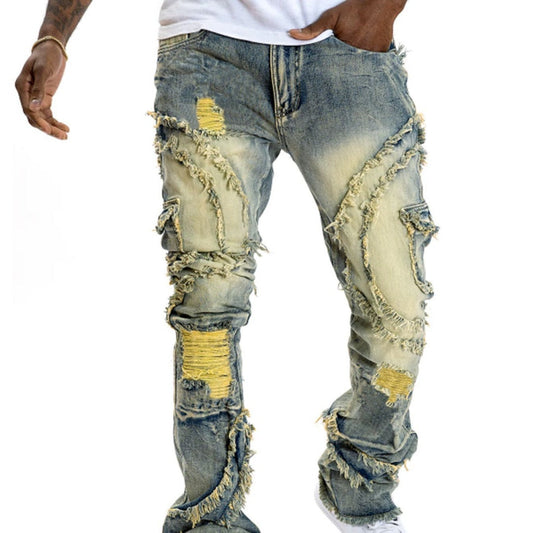 Men's Patchwork Fringe Slightly Flared Stretch Jeans BAZONA