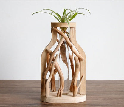 Pure Handwork Wooden Vase Decorated Solid Wood Flower Pot For Creative Glass Floral Hydroponic Container Home Decorative Vase BAZONA