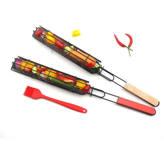 New Mesh Wooden Handle Sausage Clip Barbecue BBQ Tool Rack BAZONA