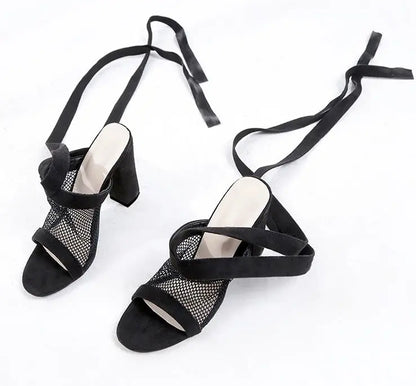 Women Sandals Bandage Flock Cross Strap Lace Up High Heels Sandal - bazona.com