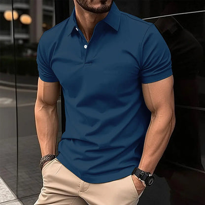 Summer Short Sleeve Polo Shirt Men Solid Color Button Lapel Button Top - bazona.com
