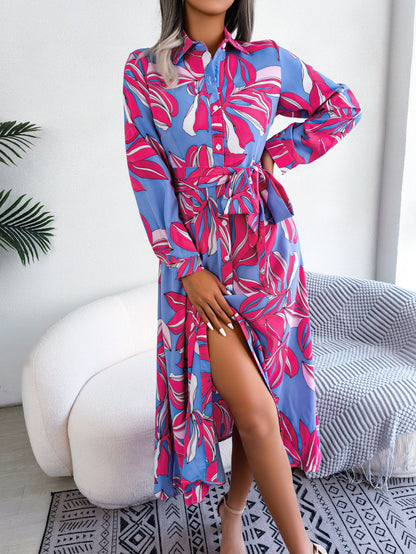 Floral Contrast Lapel Shirt Dress - Tied Waist Long Skirt Style BAZONA