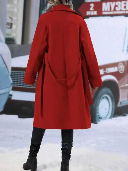 Lapel Double-breasted Trench Coat With Belt Winter Fashion Solid Color Long Jacket Outwear Women Clothing - bazona.com