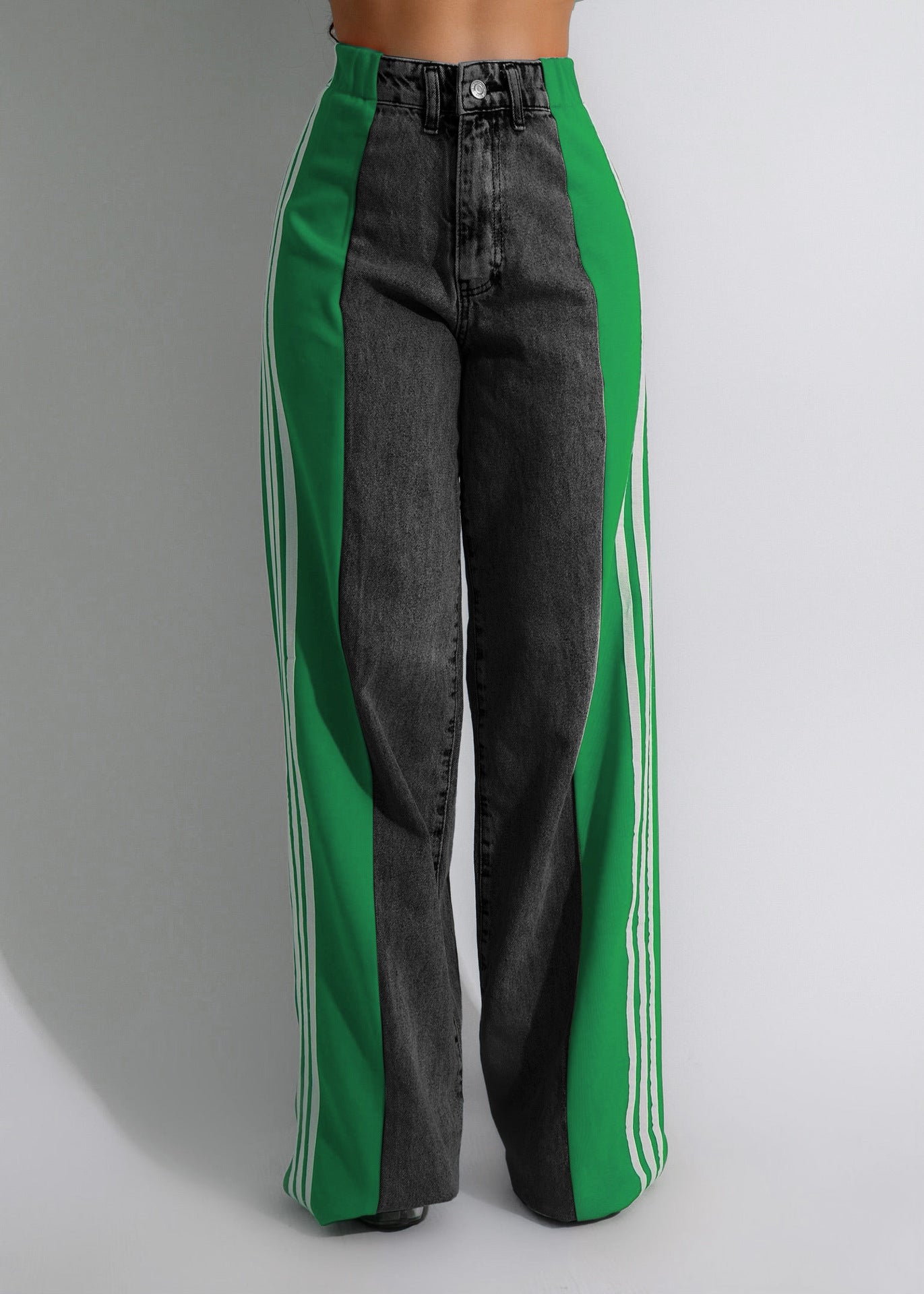 2024 Fashion Casual High Waist Elastic Straight Leg Trousers Three Stripe Patchwork Denim Wide Leg Pants Streetwear BAZONA
