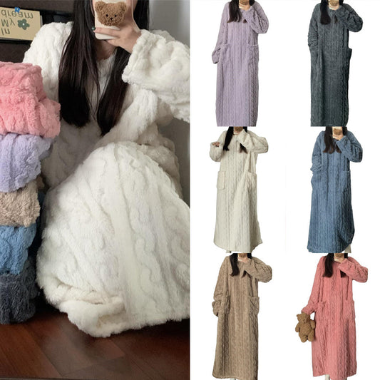 Winter Coral Fleece Sleepwear Women's Nightgown Long Night Dress Pajamas With Pockets Thickened Jacquard Dress Warm Home Clothes BAZONA