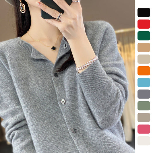 Women's Cashmere Cardigan O-neck Loose Sweaters Top Fashion Merino Wool Knitwear Autumn Winter Female Clothing Tops BAZONA