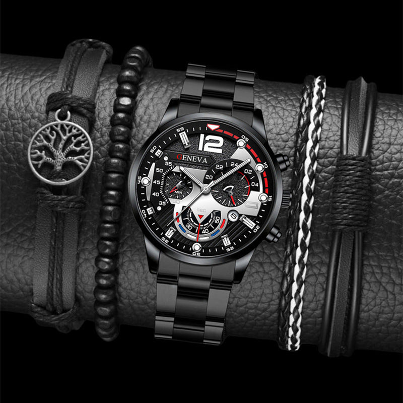 2pcs Men's New Popular Steel Strip Fashion Business Three Eye Quartz Watch Bracelet Set Valentine's Day Gifts BAZONA