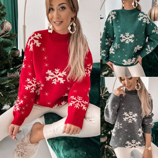 Fall Winter Women's Christmas Sweater Knitted Fluffy Loose Casual Christmas Snowflake Print Long Sleeves Pullovers Tops Streetwear BAZONA