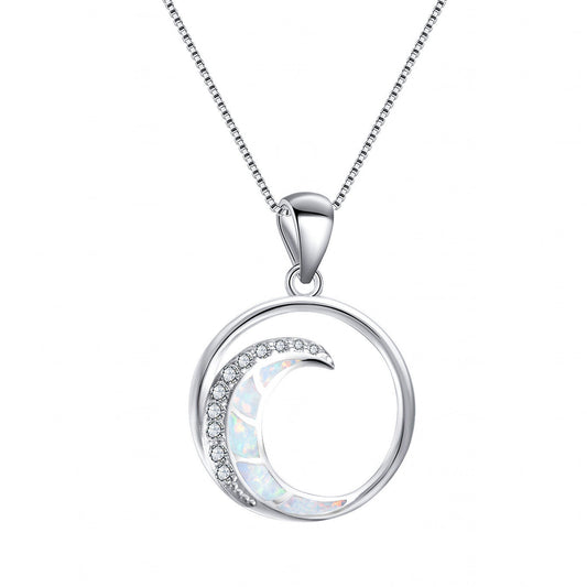 Pendant, White Gold, White Diamonds, Moon-Shaped Glossy Circle Jewellery BAZONA