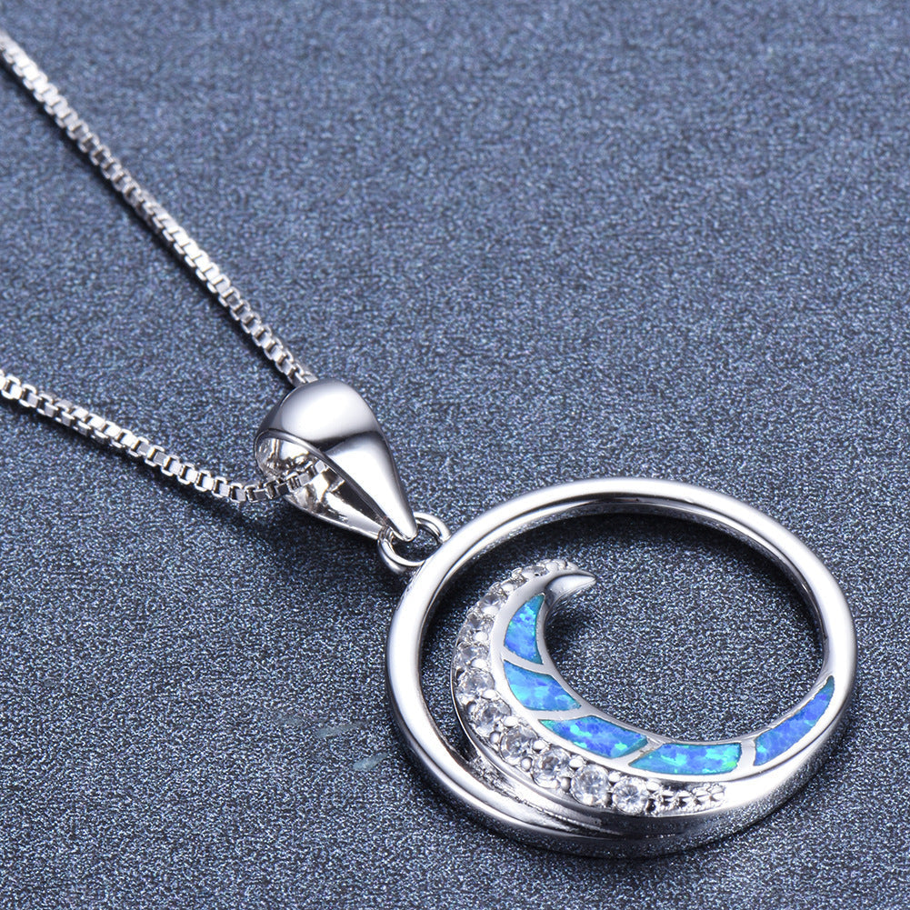 Pendant, White Gold, White Diamonds, Moon-Shaped Glossy Circle Jewellery BAZONA