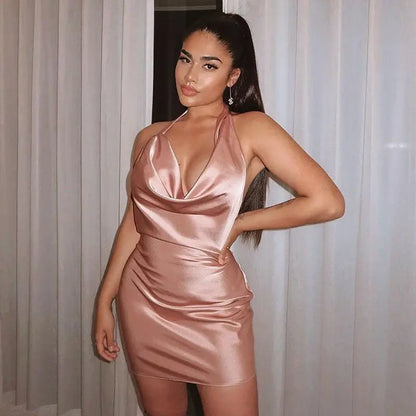 Satin Party Dress V Neck Backless Mini Sleeveless Summer Party Dress - bazona.com