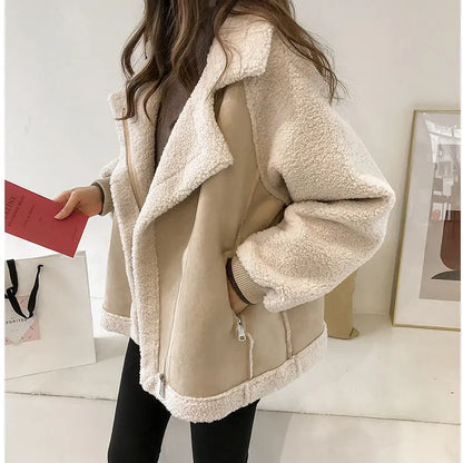 Suede Jacket Women Short Lamb Velvet Motorcycle Jacket - bazona.com