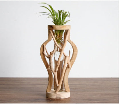 Pure Handwork Wooden Vase Decorated Solid Wood Flower Pot For Creative Glass Floral Hydroponic Container Home Decorative Vase BAZONA
