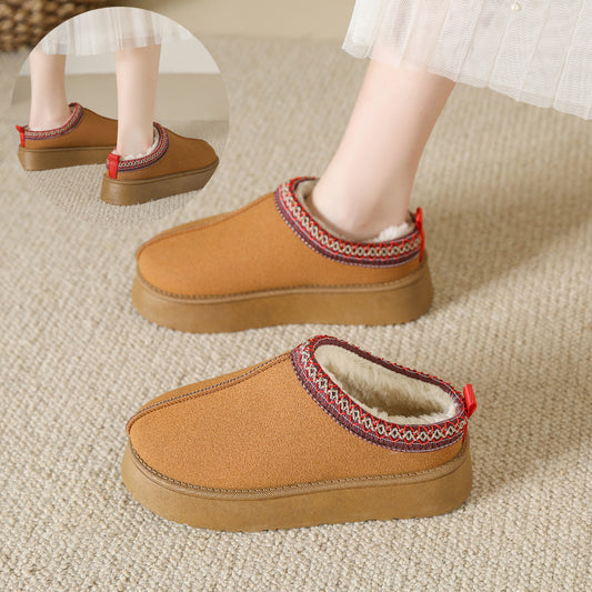 Baotou Plush Half Slippers Home Snow Boots Women's Fleece Warm Thick Bottom Cotton Shoes Ankle Flats - bazona.com