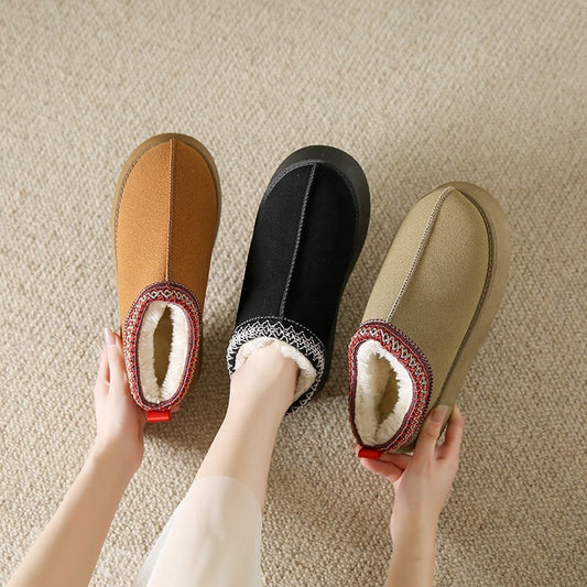 Baotou Plush Half Slippers Home Snow Boots Women's Fleece Warm Thick Bottom Cotton Shoes Ankle Flats - bazona.com