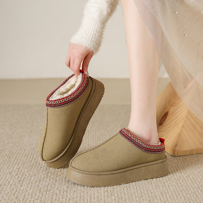 Baotou Plush Half Slippers Home Snow Boots Women's Fleece Warm Thick Bottom Cotton Shoes Ankle Flats - bazona.com