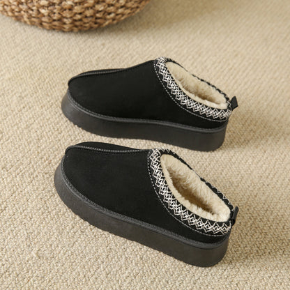 Baotou Plush Half Slippers Home Snow Boots Women's Fleece Warm Thick Bottom Cotton Shoes Ankle Flats - bazona.com