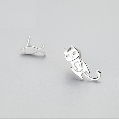 Fashion Asymmetry 925 Sterling Silver Stud Earrings Animal Fish Cat Stud Earrings for Women Personality Jewelry Gifts BAZONA