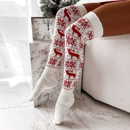 Winter Christmas Warm Knitted Women Stocking Beautiful Elk Snowflake Jacquard Over-the-knee Casual Long Socks For Ladies Gifts Free Size - bazona.com