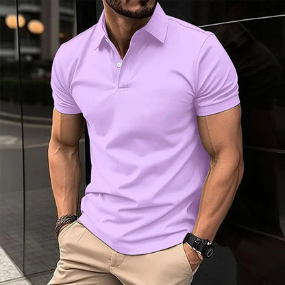 Summer Short Sleeve Polo Shirt Men Solid Color Button Lapel Button Top - bazona.com