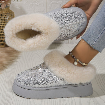 Fashion Sequined Thick-soled Plush Shoes Winter Indoor And Outdoor Casual Warm Slippers Women Garden House Shoes BAZONA