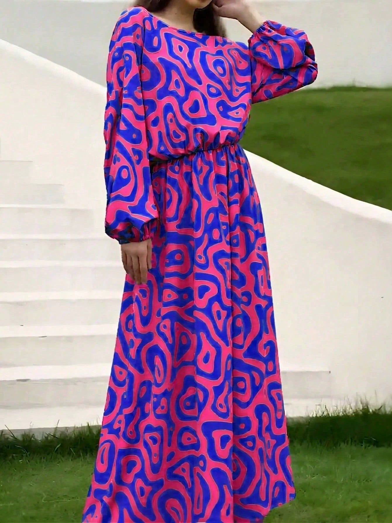 2pcs Women's Dress Suits Fashion Loose Printed Long Sleeve Top And High Waist Long Skirt BAZONA