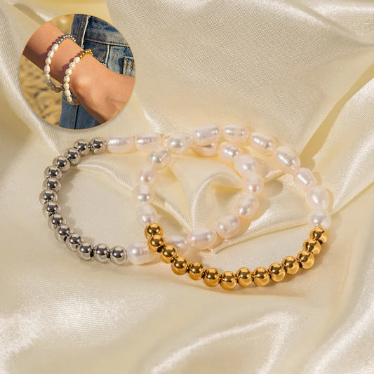 Margaux Freshwater Pearl Bracelet Trendy Stainless Steel Freshwater Pearl Round Bead Bracelet Men Women Gold Silver Color Waterproof Jewelry BAZONA