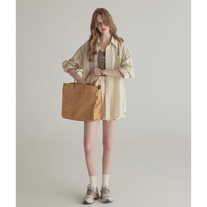 Summer High-grade Sun-proof Set Women's Loose Design Light Striped Shirt Top Temperament Waist-controlled Short Skirt BAZONA