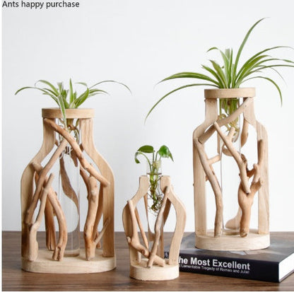 Pure Handwork Wooden Vase Decorated Solid Wood Flower Pot For Creative Glass Floral Hydroponic Container Home Decorative Vase BAZONA