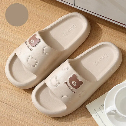Cute Cartoon Bear Slippers For Women Summer Indoor Thick-soled Non-slip Floor Bathroom Home Slippers Men House Shoes - bazona.com