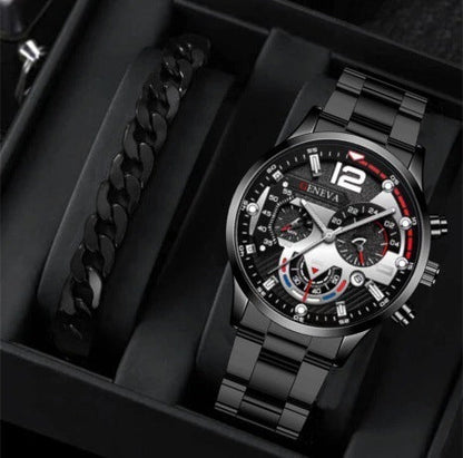2pcs Men's New Popular Steel Strip Fashion Business Three Eye Quartz Watch Bracelet Set Valentine's Day Gifts BAZONA